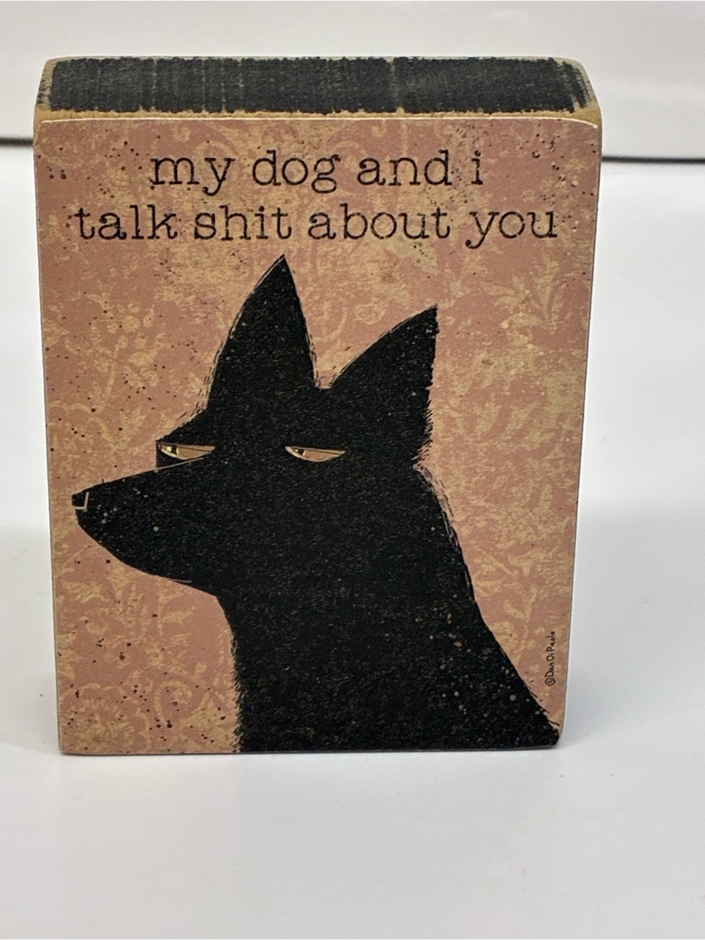 Primitives by Kathy Black Dog Silhouette on Pink Decorative Block Sign